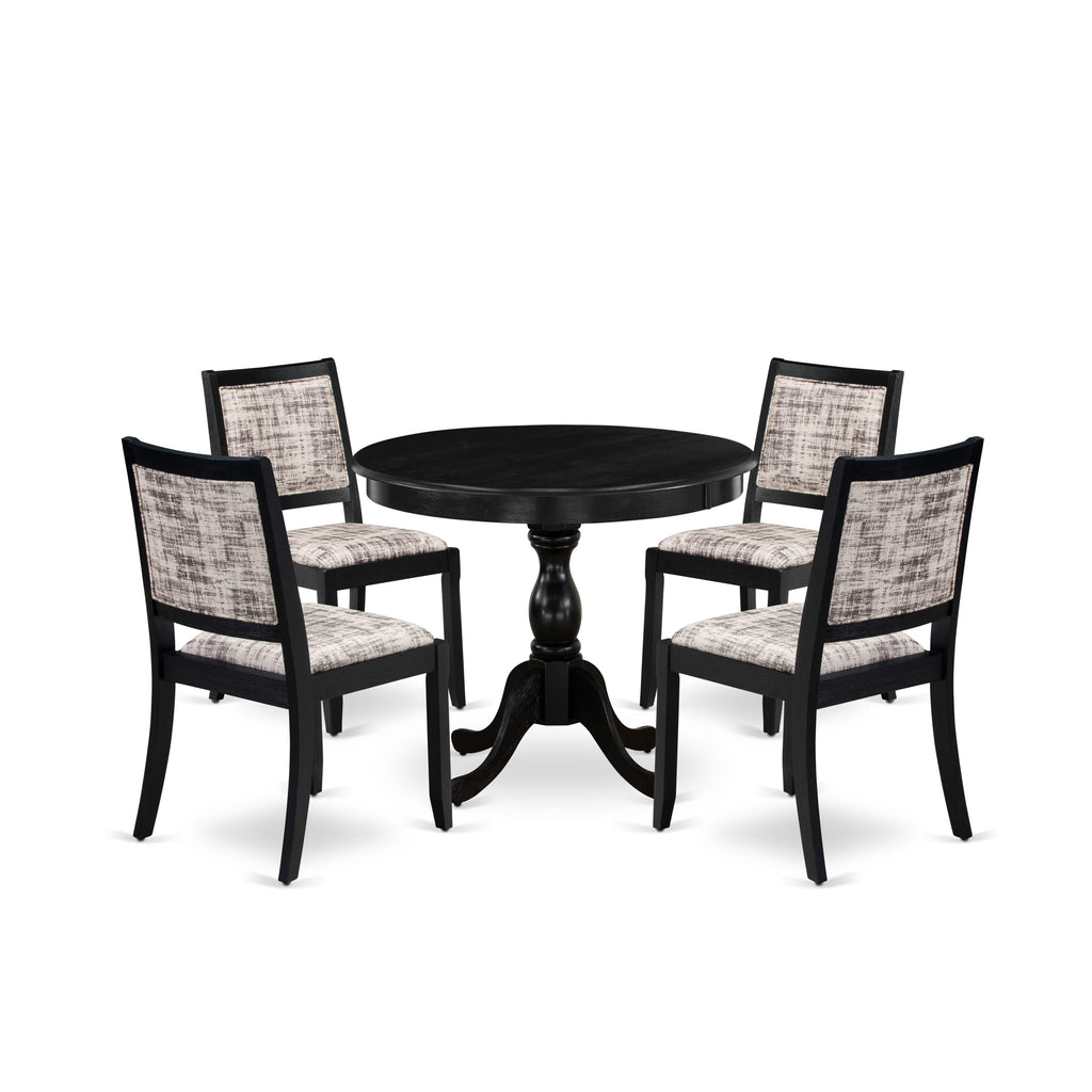 East West Furniture AMX25-ABK-30 -5 Piece Dining Set Includes a Round Kitchen Table with Wire Brushed Black Tabletop & 4 Stackable Faux Leather Chairs, Wire Brushed Black