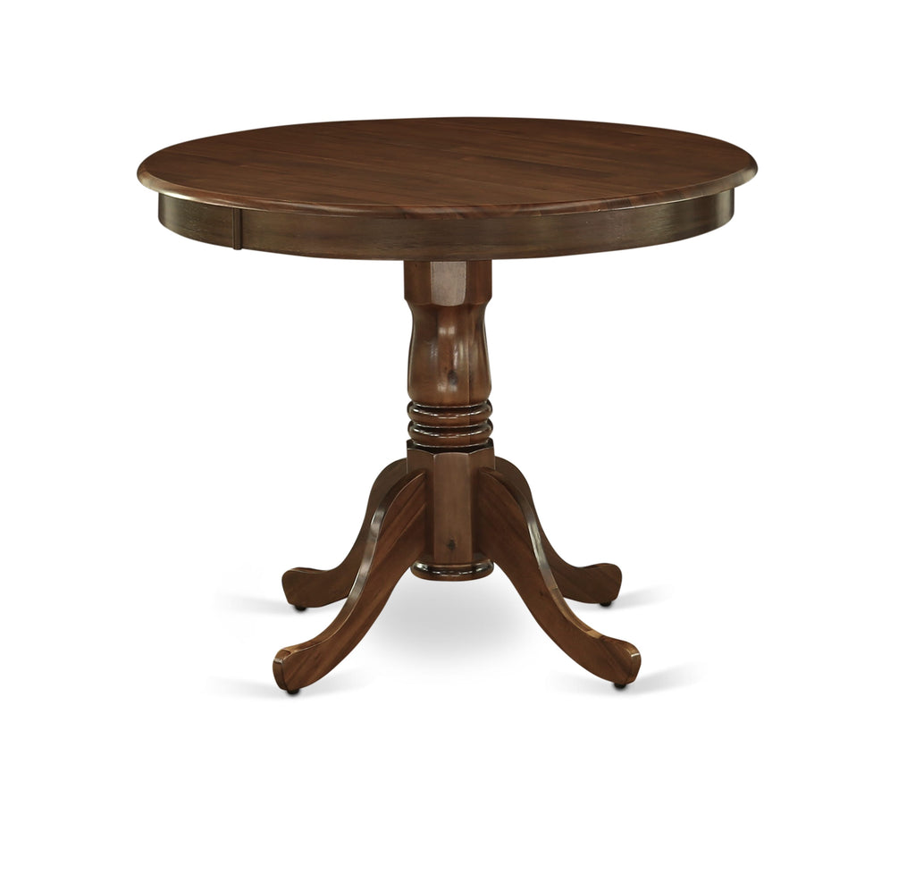 East West Furniture ANX13-AWA-04 -3 Piece Dining Set Includes a Round Kitchen Table with Antique Walnut Tabletop and 2 Stackable Linen Fabric Chairs, Antique Walnut