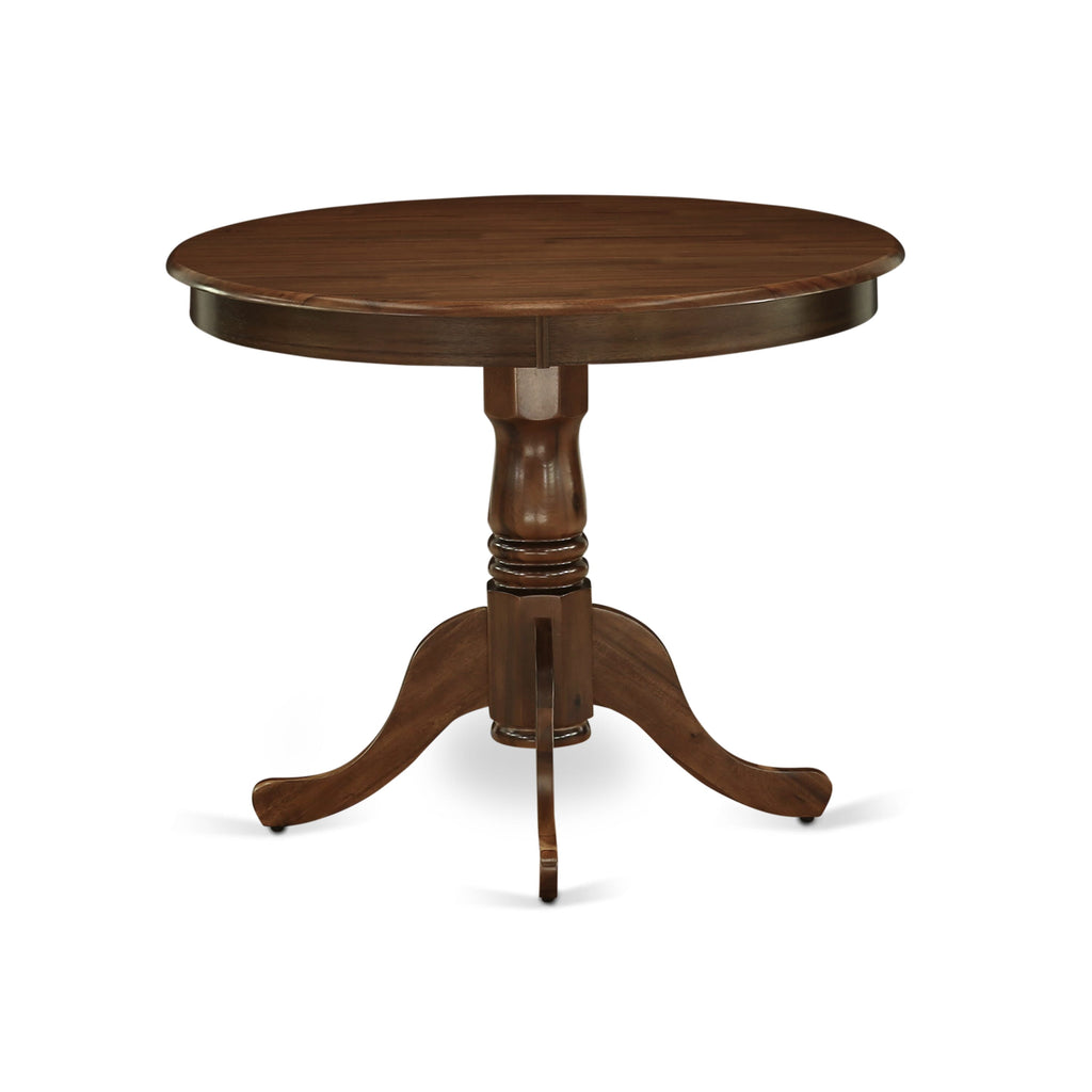 East West Furniture ANX13-AWA-04 -3 Piece Dining Set Includes a Round Kitchen Table with Antique Walnut Tabletop and 2 Stackable Linen Fabric Chairs, Antique Walnut