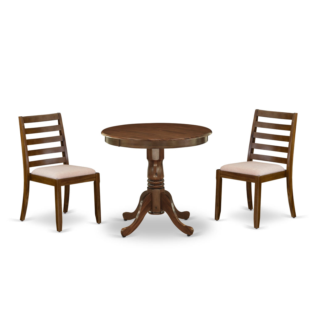 East West Furniture ANX13-AWA-04 -3 Piece Dining Set Includes a Round Kitchen Table with Antique Walnut Tabletop and 2 Stackable Linen Fabric Chairs, Antique Walnut