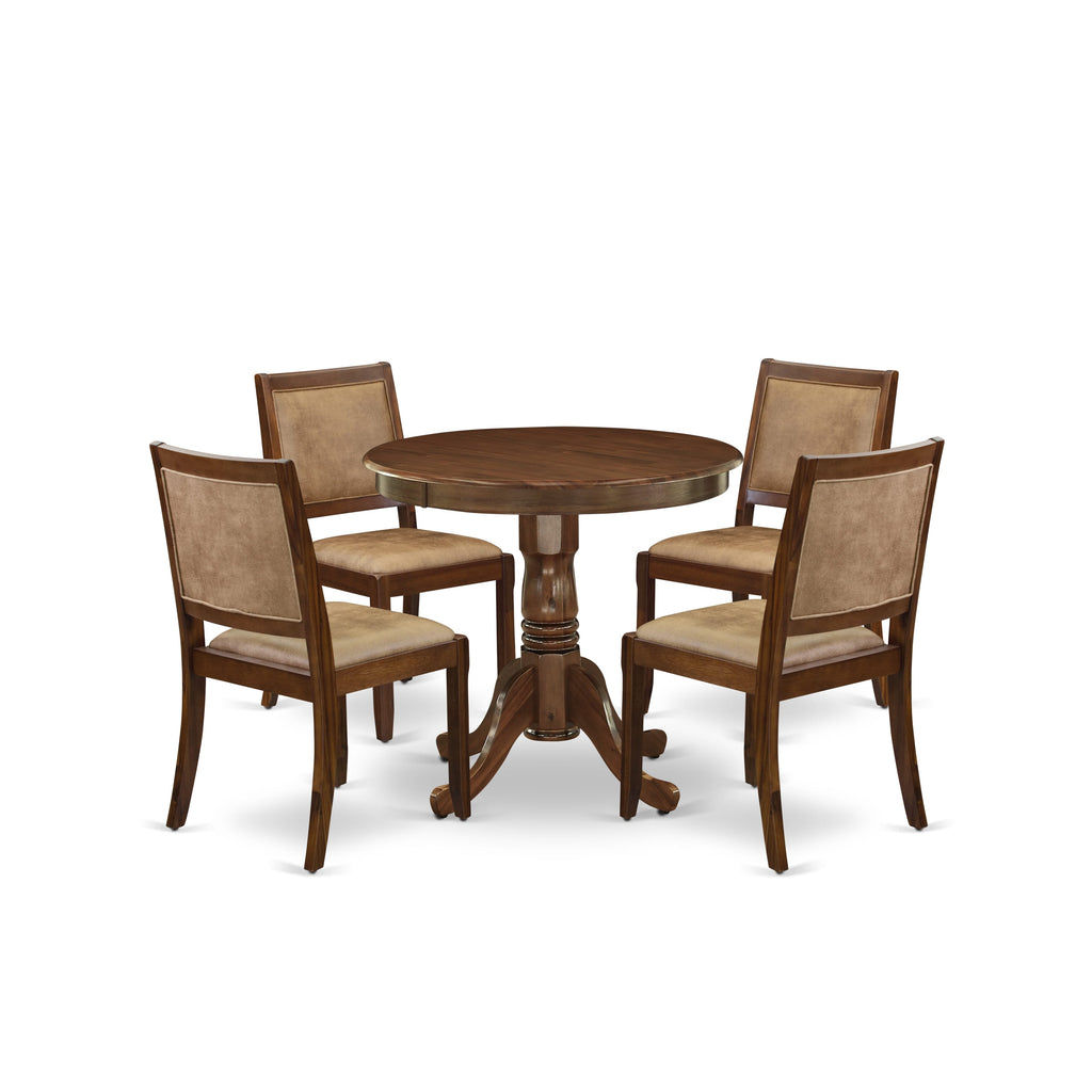 East West Furniture ANX25-AWA-28 -5 Piece Dining Set Includes a Round Kitchen Table with Antique Walnut Tabletop and 4 Stackable Faux Leather Chairs, Antique Walnut