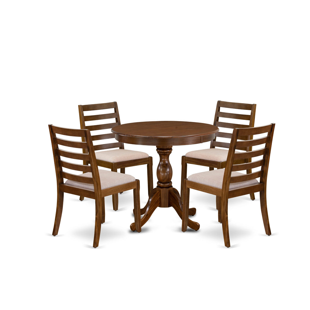 East West Furniture ASX15-AWA-04 -5 Piece Dining Set Includes a Round Kitchen Table with Antique Walnut Tabletop and 4 Stackable Linen Fabric Chairs, Antique Walnut