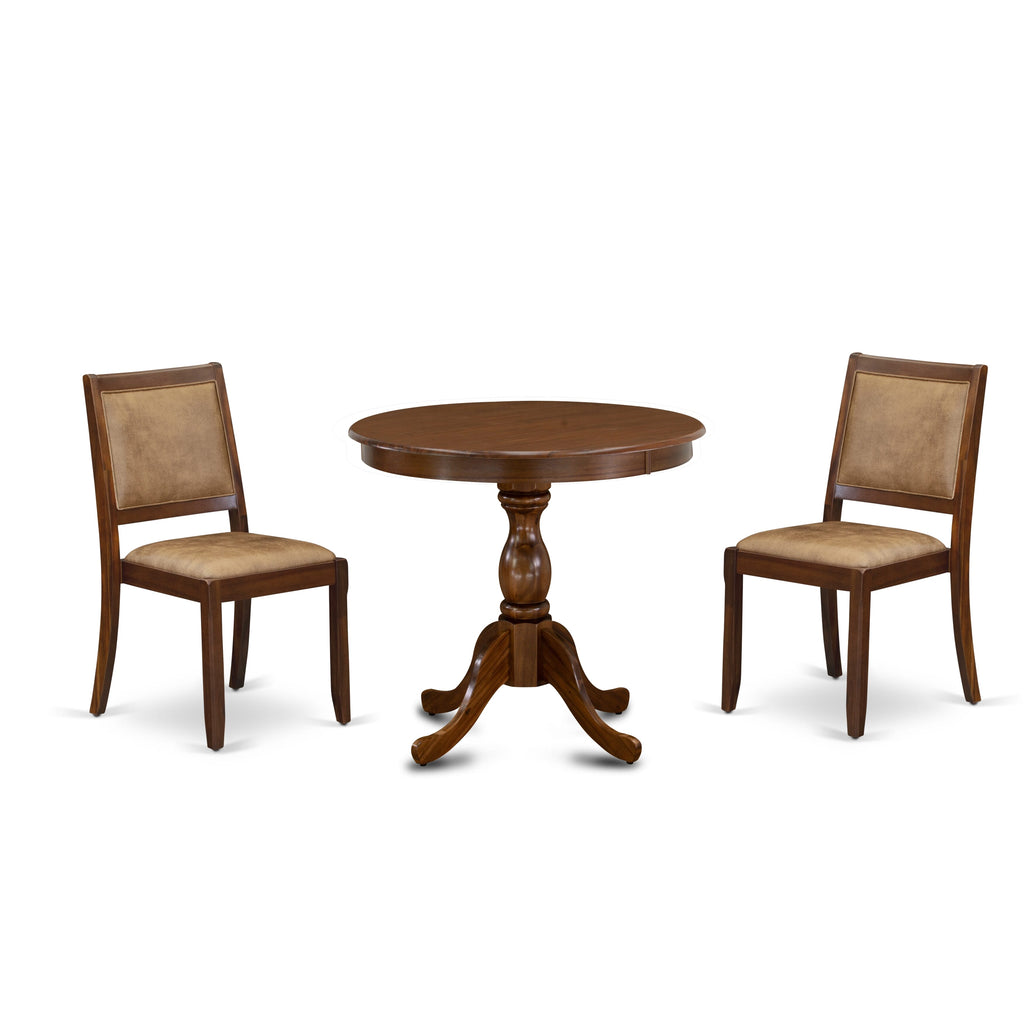 East West Furniture ASX23-AWA-28 -3 Piece Dining Set Includes a Round Kitchen Table with Antique Walnut Tabletop and 2 Stackable Faux Leather Chairs, Antique Walnut