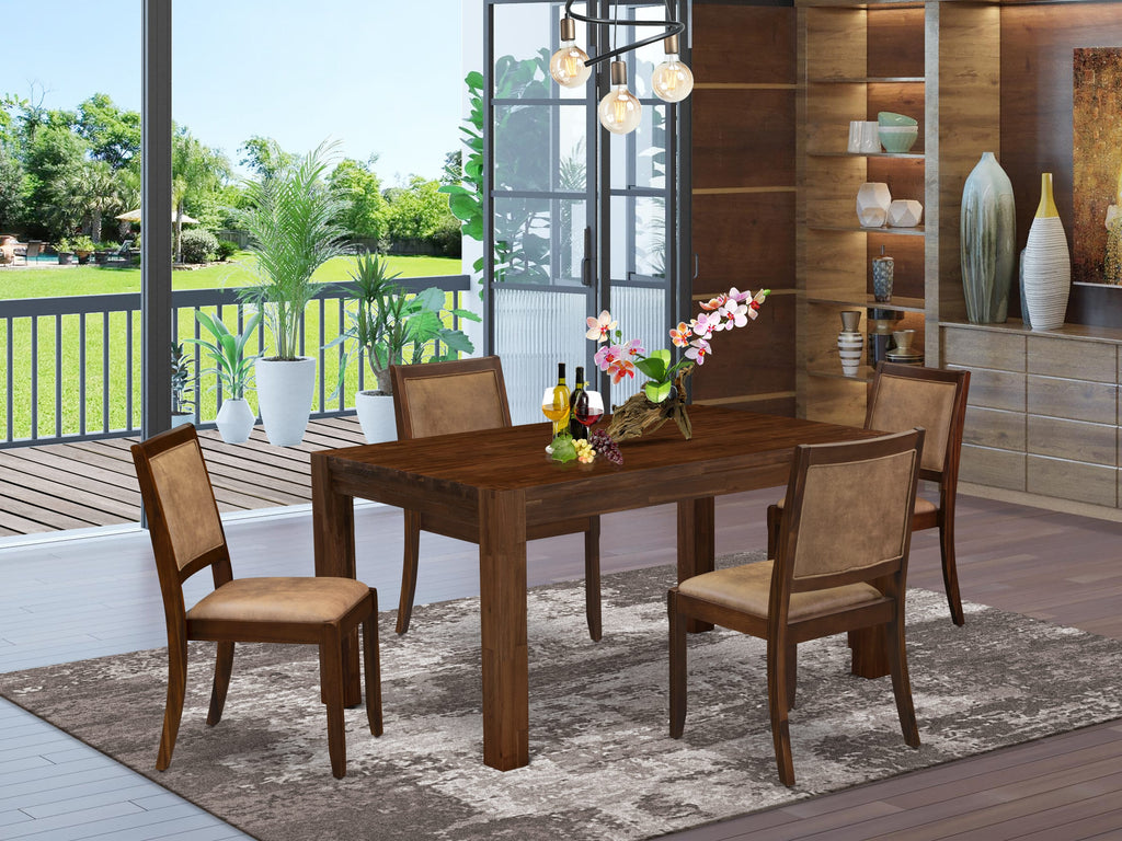 East West Furniture CNX17-0N-04 7-piece Dining Table Set consists of a Rectangular Kitchen Table and 6 Light Tan Linen Fabric stackable Dining Chair, Antique Walnut Finish.