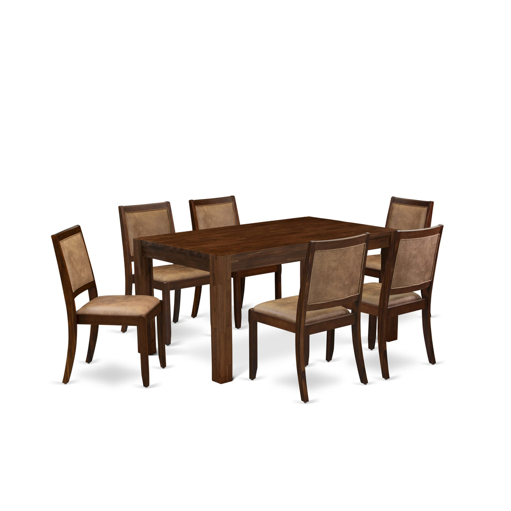 East West Furniture CNX27-0N-28 7-piece kitchen Table Set consists of a Rectangular Kitchen Table and 6 Brown Texture Faux Leather stackable Dining Chair, Antique Walnut Finish.