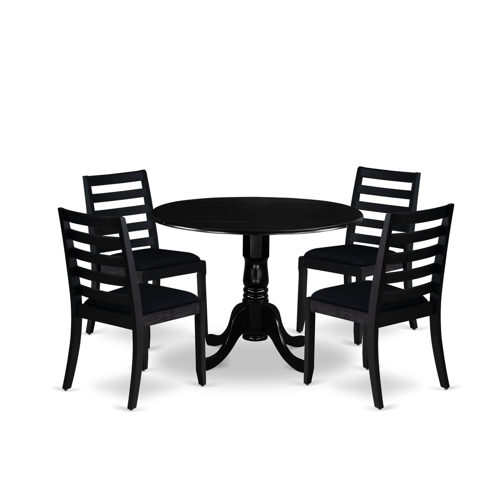 East West Furniture DLX15-BLK-24 -5 Piece Dining Set Includes a Round Kitchen Table with Black Tabletop and 4 Stackable Linen Fabric Chairs, Black