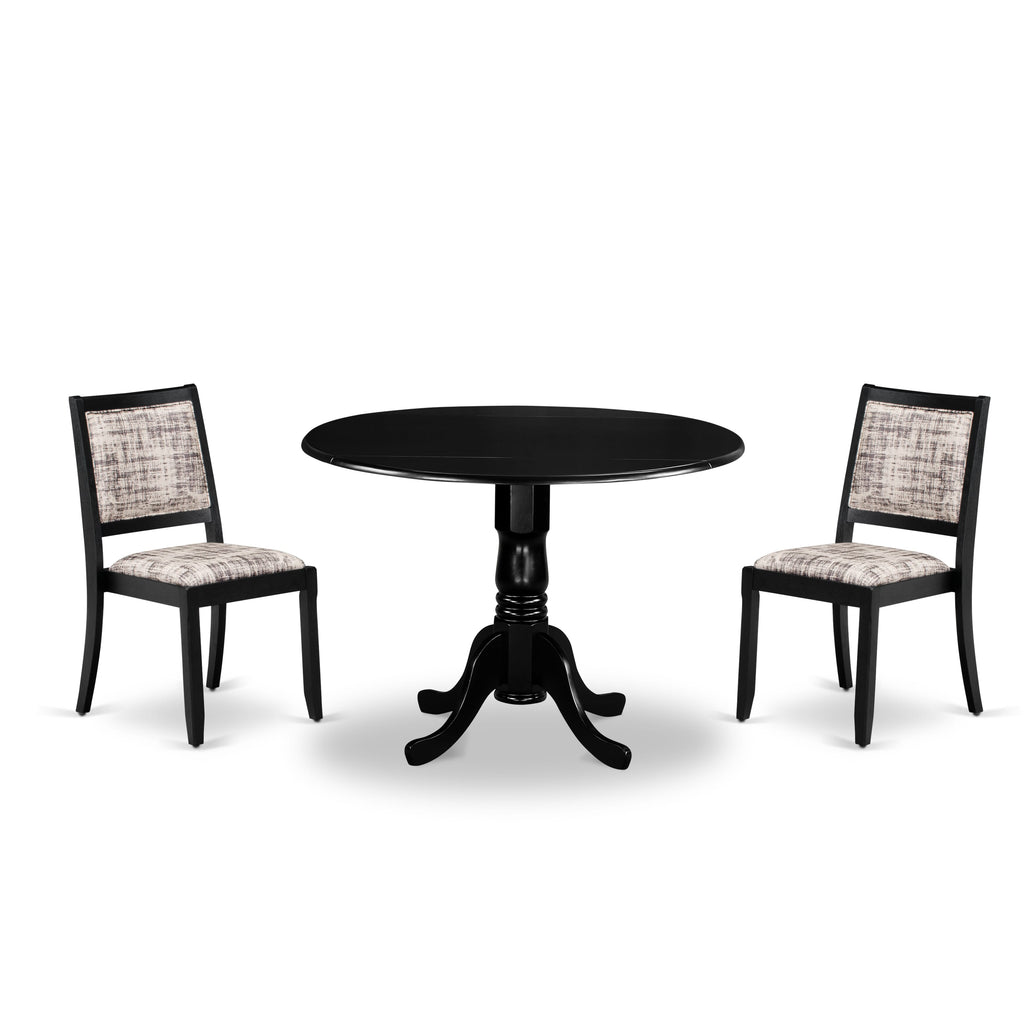 East West Furniture DLX23-BLK-30 -3 Piece Dining Set Includes a Round Kitchen Table with Black Tabletop and 2 Stackable Faux Leather Chairs, Black