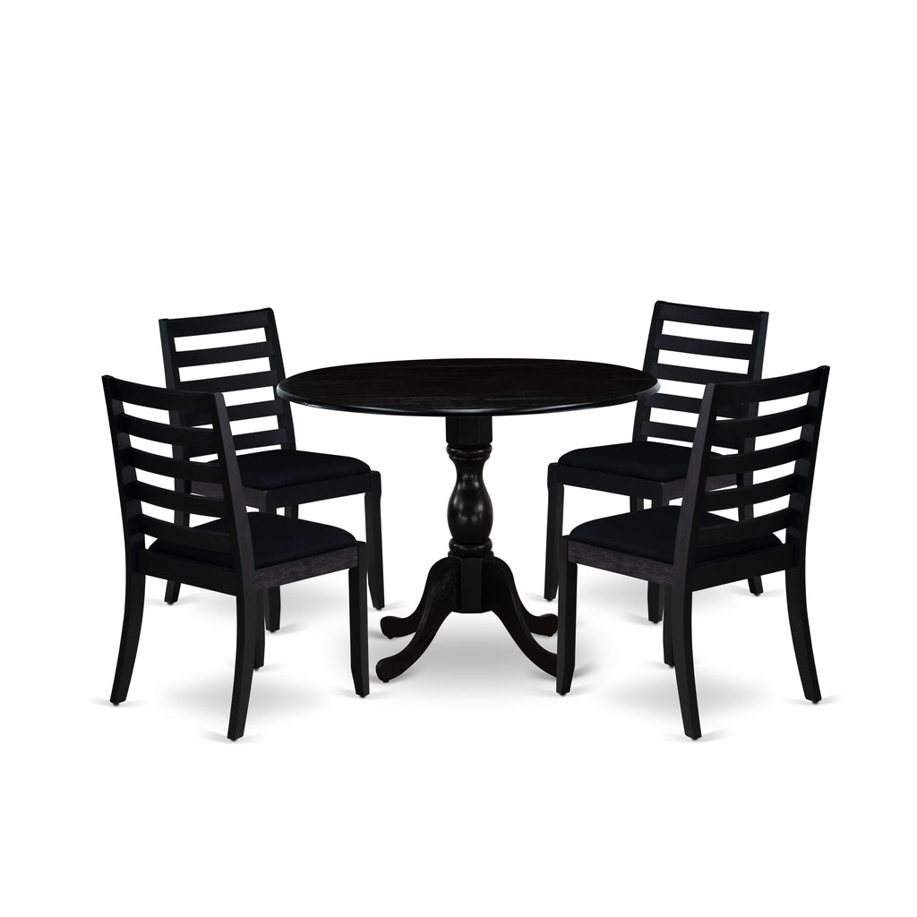 East West Furniture DMX15-ABK-24 -5 Piece Dining Set Includes a Round Kitchen Table with Wire Brushed Black Tabletop & 4 Stackable Linen Fabric Chairs, Wire Brushed Black