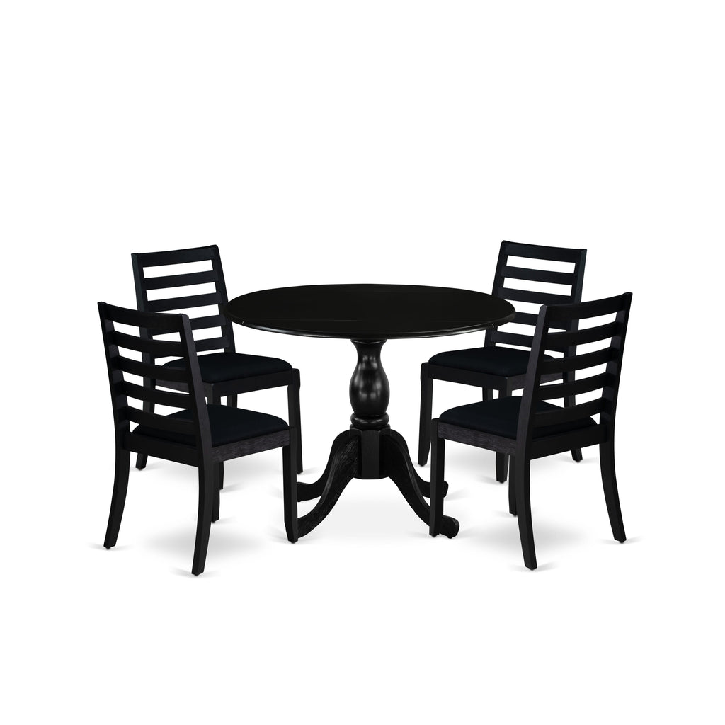 East West Furniture DSX15-BLK-24 -5 Piece Dining Set Includes a Round Kitchen Table with Black Tabletop and 4 Stackable Linen Fabric Chairs, Black