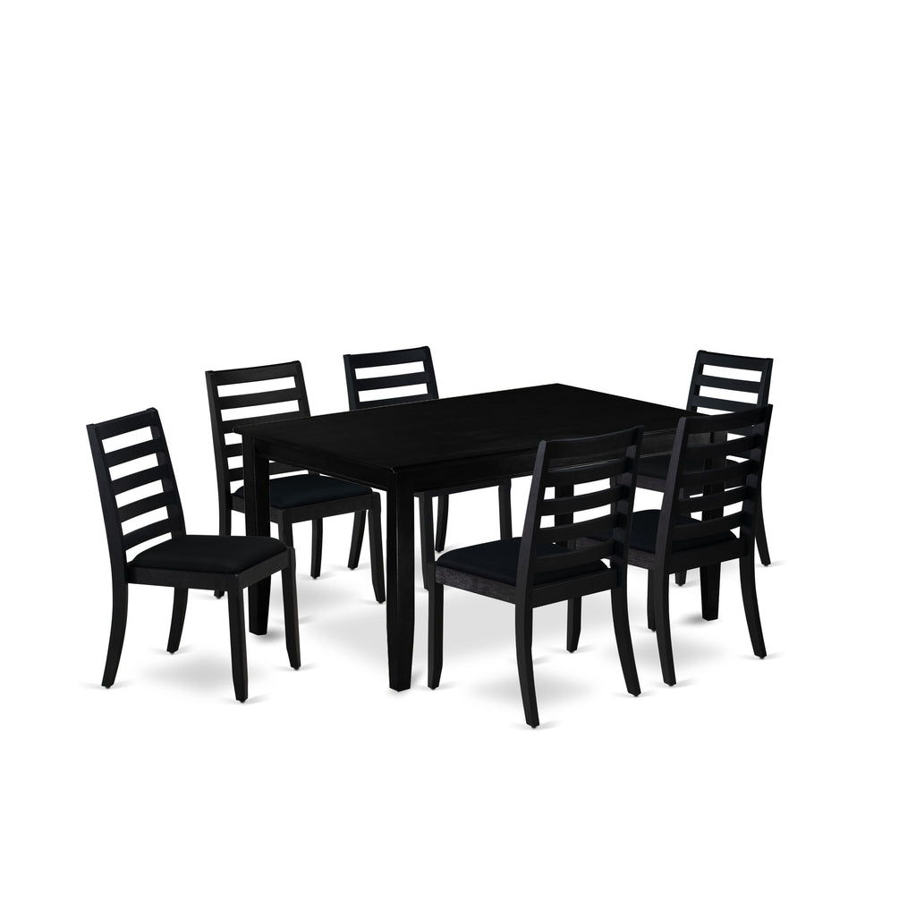 East West Furniture DUX17-BLK-24 -7 Piece Dining Set Includes a Rectangular Kitchen Table with Black Tabletop and 6 Stackable Linen Fabric Chairs, Black