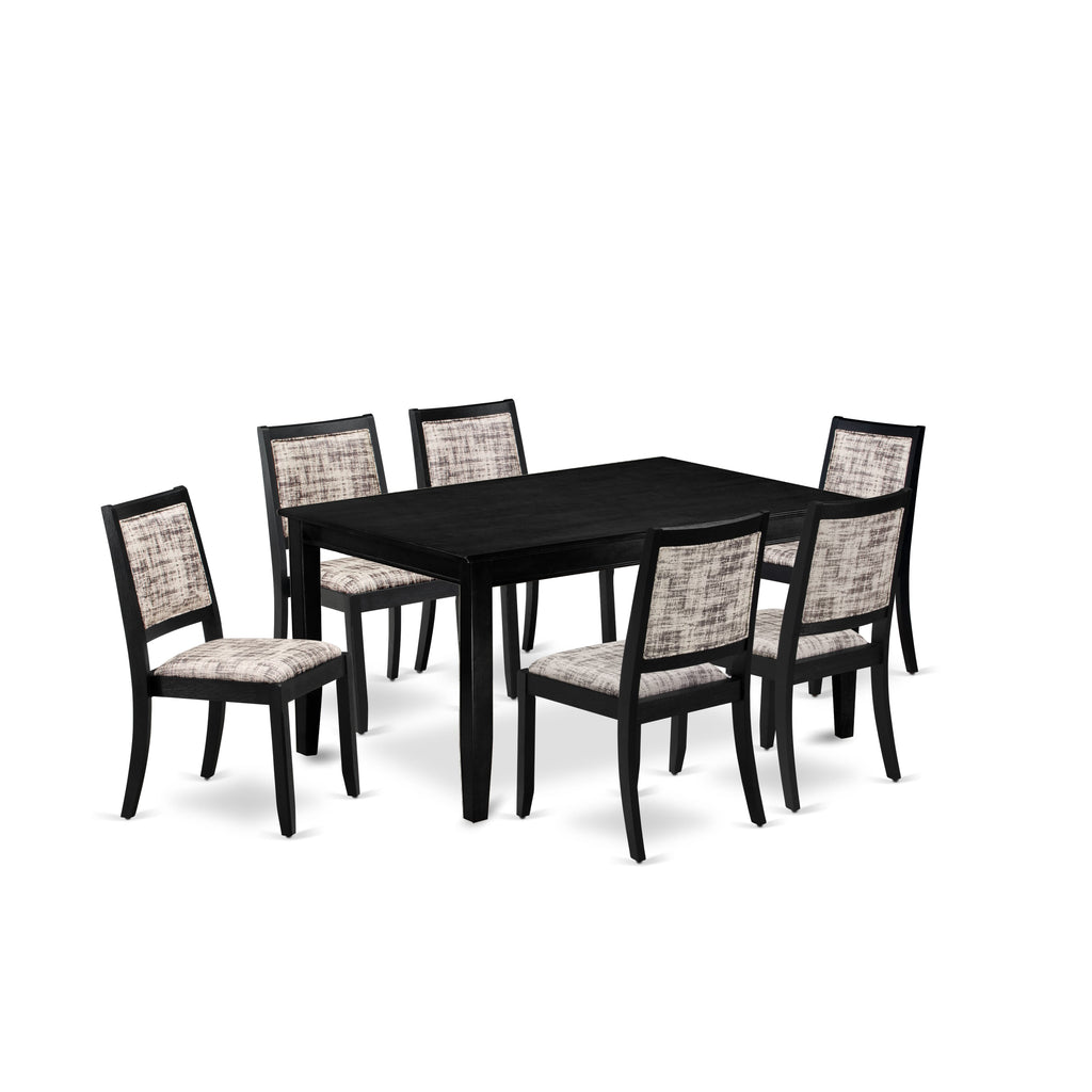 East West Furniture DUX27-BLK-30 -7 Piece Dining Set Includes a Rectangular Kitchen Table with Black Tabletop and 6 Stackable Faux Leather Chairs, Black