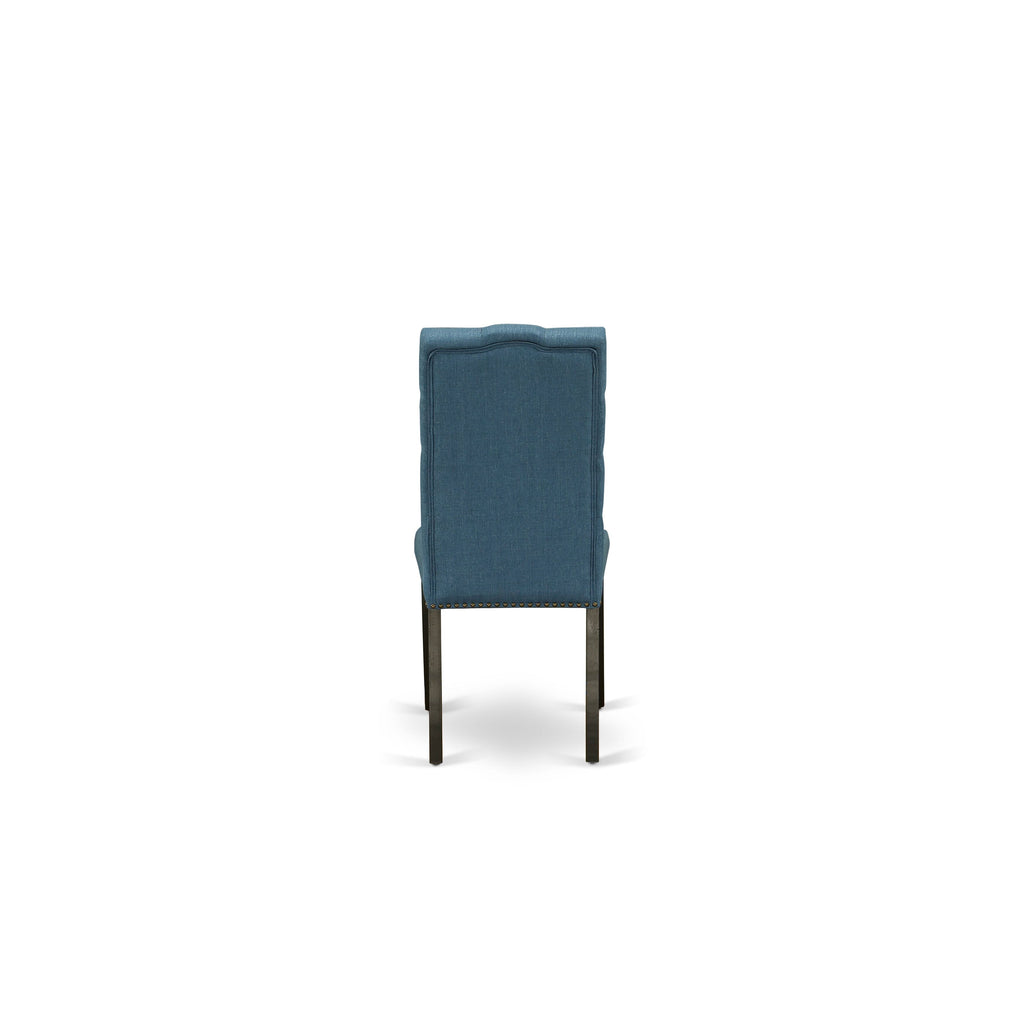 East West Furniture X627EL121-7 7 Piece Dining Room Table Set Consist of a Rectangle Kitchen Table with X-Legs and 6 Blue Linen Fabric Parson Dining Chairs