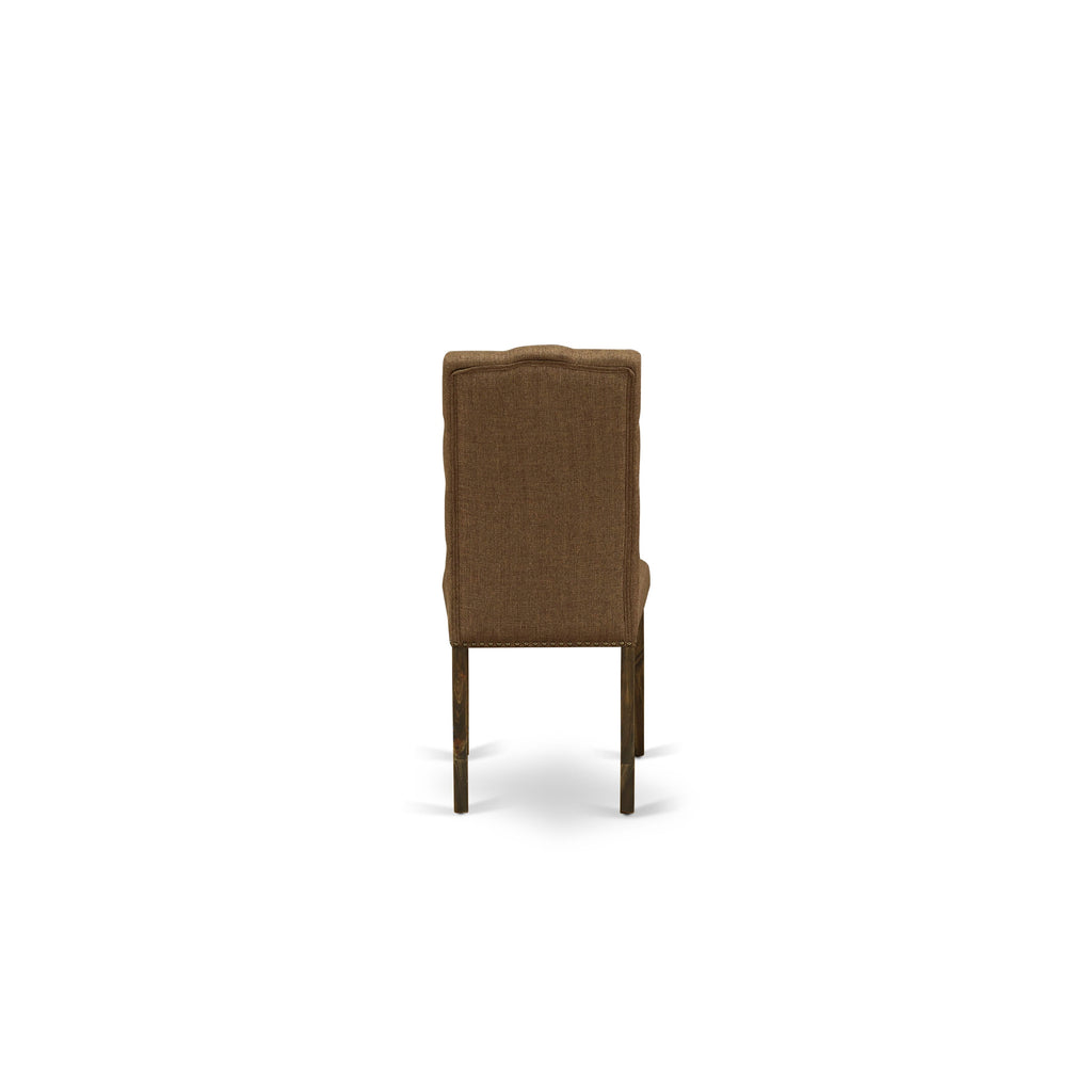 East West Furniture V727EL718-7 7 Piece Modern Dining Table Set Consist of a Rectangle Wooden Table with V-Legs and 6 Brown Linen Linen Fabric Parson Dining Chairs