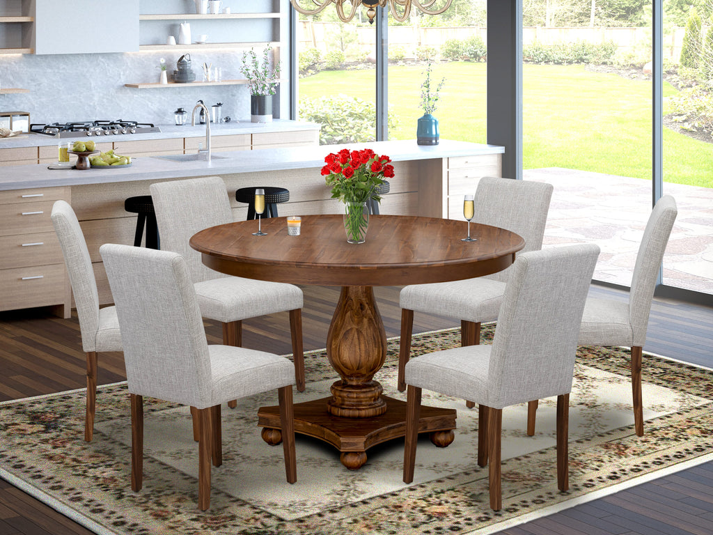 East West Furniture F2AB7-N35 7 Piece Dining Set Consist of a Round Dining Room Table with Pedestal and 6 Doeskin Linen Fabric Upholstered Parson Chairs, 48x48 Inch, Antique Walnut