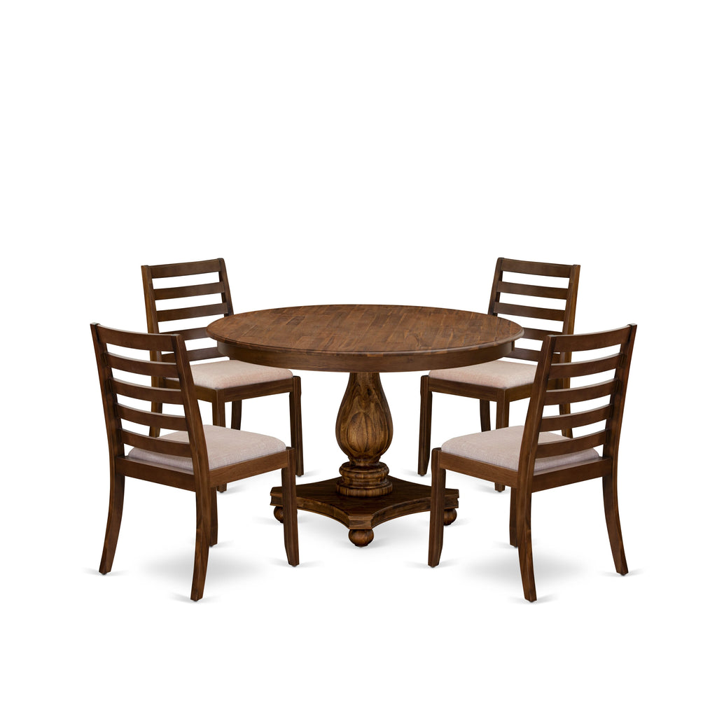 East West Furniture F2X15-0N-04 5-piece Dining Room set consists of a Round Kitchen Table and 4 Light Tan Linen Fabric stackable Dining Chair, Antique Walnut Finish.