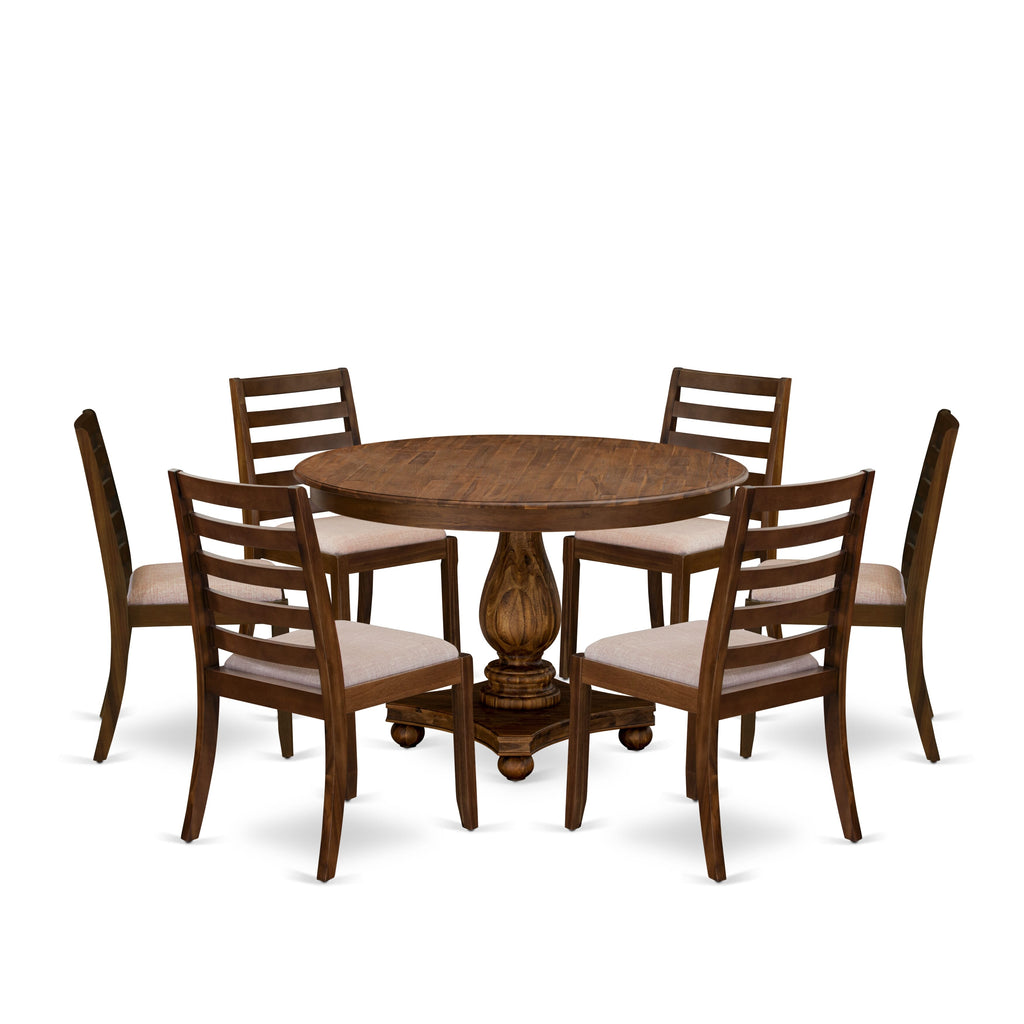 East West Furniture F2X17-0N-04 7-piece Dining Room Table Set included a Round Kitchen Table and 6 Light Tan Linen Fabric stackable Dining Chair, Antique Walnut Finish.