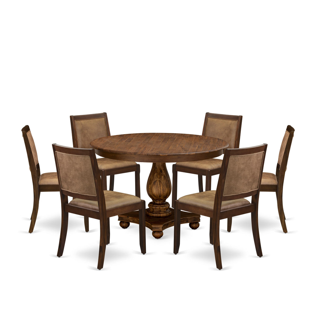 East West Furniture F2X27-0N-28 7-piece Kitchen Table Set included a Round Kitchen Table and 6 Brown Textured Faux Leather stackable kitchen Chair, Antique Walnut Finish.