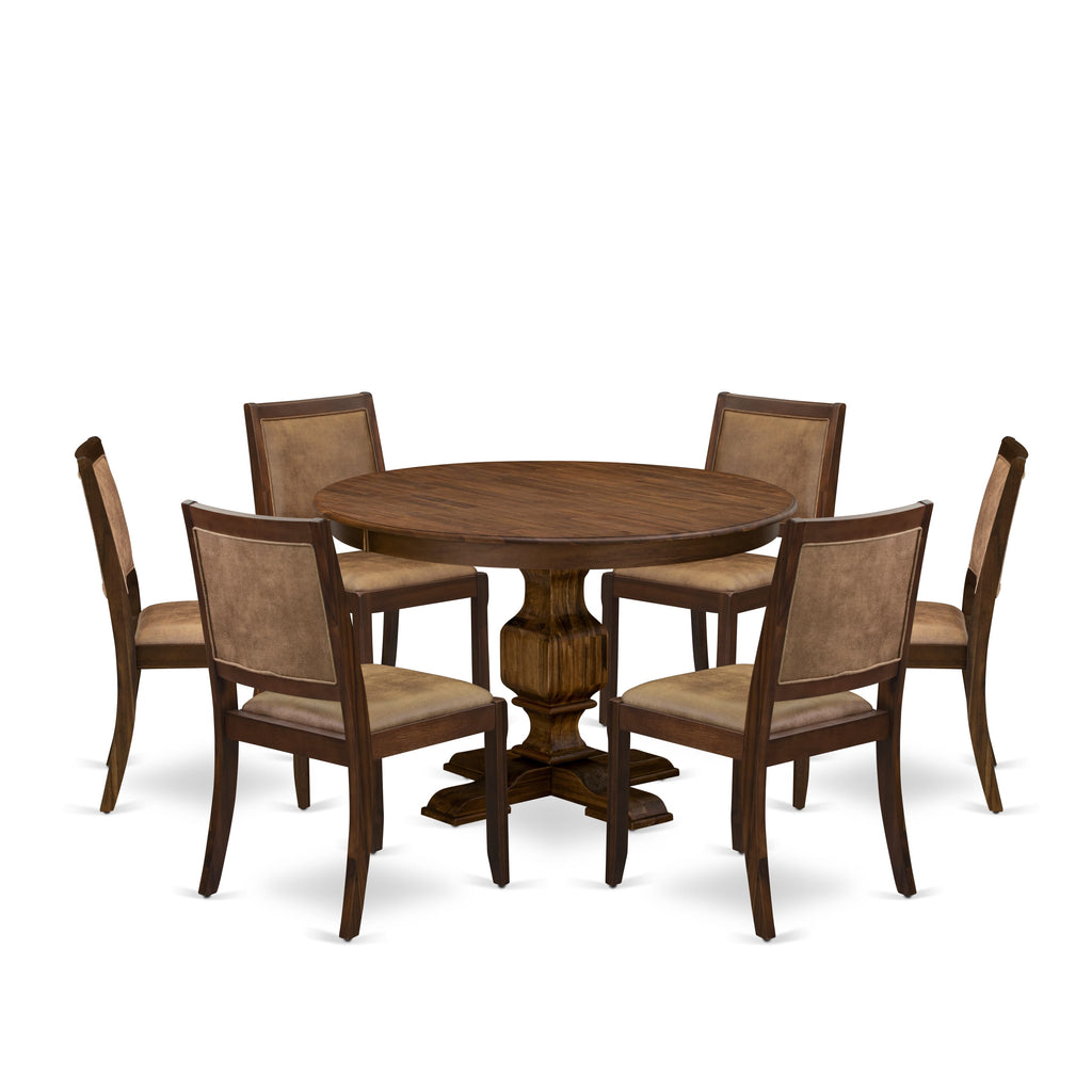 East West Furniture F3X27-0N-28 7-piece kitchen Table Set consists of a Round Kitchen Table and 6 Brown Texture Faux Leather stackable dining Chair, Antique Walnut Finish.