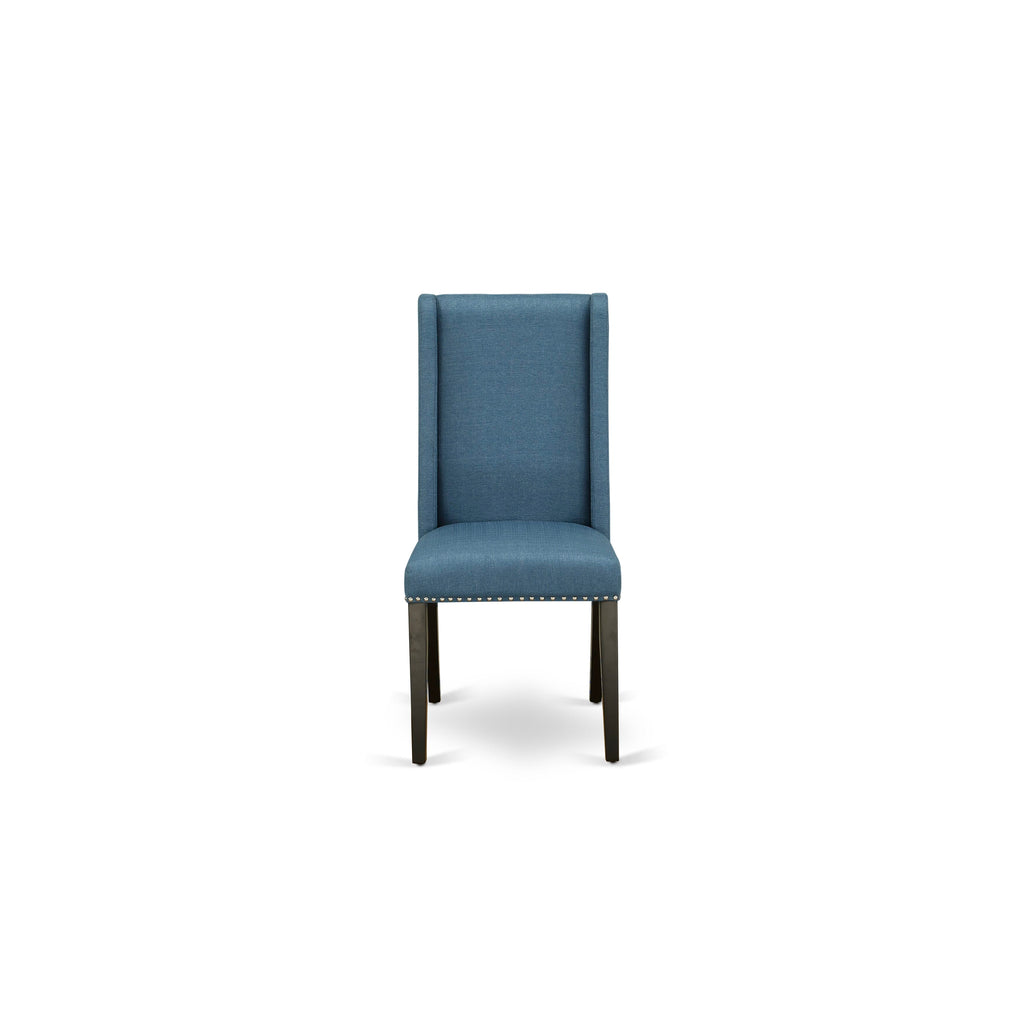 East West Furniture V627FL121-7 7 Piece Kitchen Table & Chairs Set Consist of a Rectangle Dining Room Table with V-Legs and 6 Blue Linen Fabric Parsons Chairs