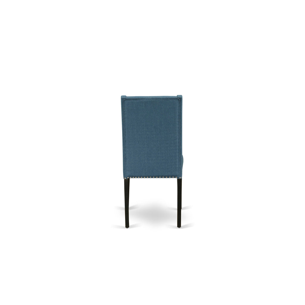 East West Furniture X627FL121-7 7 Piece Kitchen Table Set Consist of a Rectangle Dining Table with X-Legs and 6 Blue Linen Fabric Parsons Dining Chairs