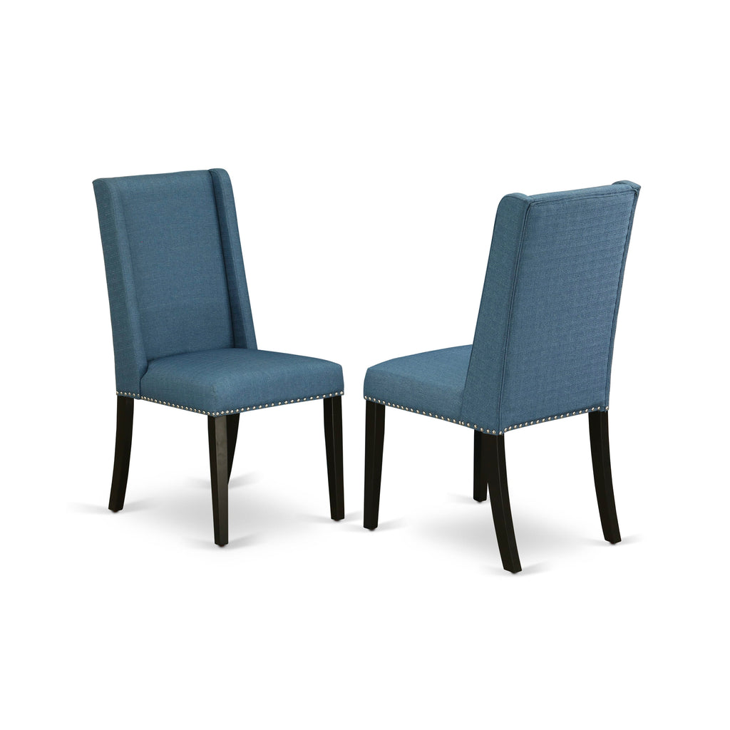 East West Furniture V627FL121-7 7 Piece Kitchen Table & Chairs Set Consist of a Rectangle Dining Room Table with V-Legs and 6 Blue Linen Fabric Parsons Chairs