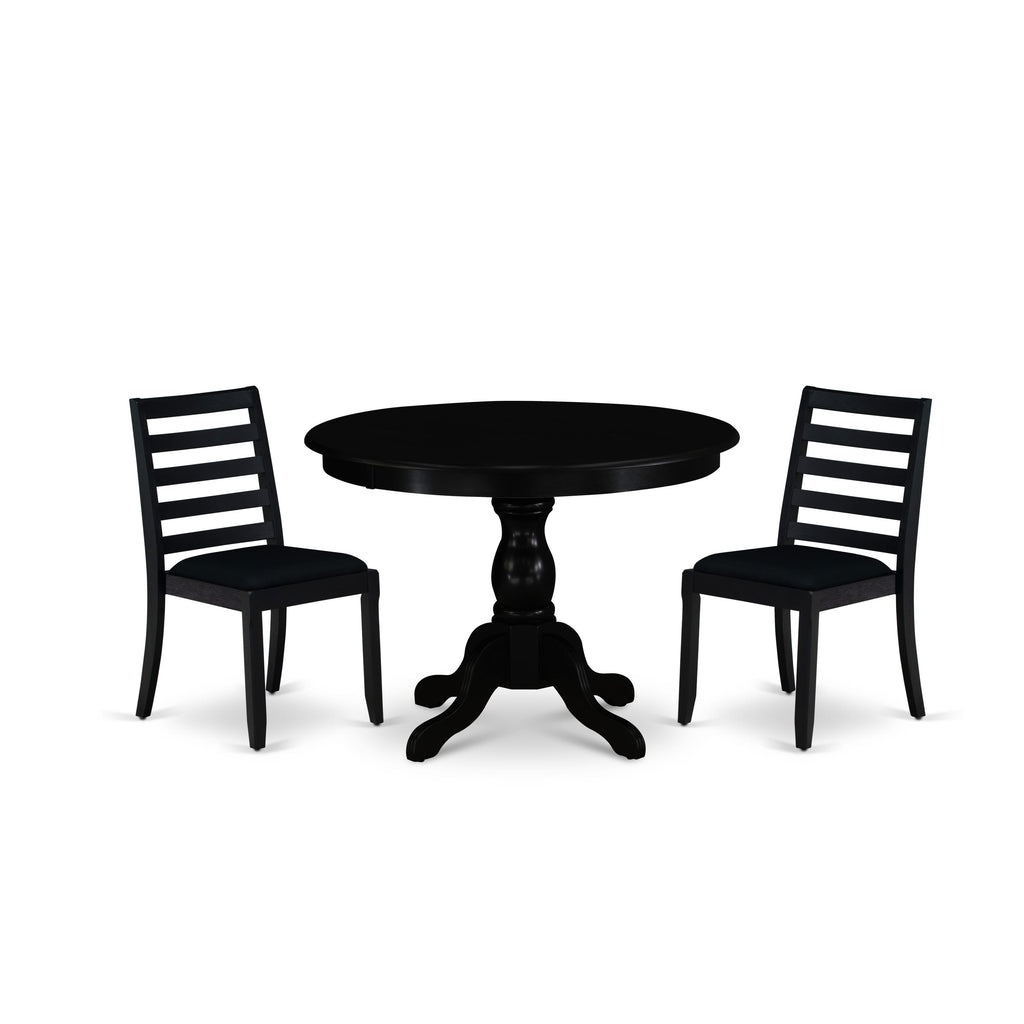 East West Furniture HBX13-ABK-24 -3 Piece Dining Set Includes a Round Kitchen Table with Wire Brushed Black Tabletop & 2 Stackable Linen Fabric Chairs, Wire Brushed Black