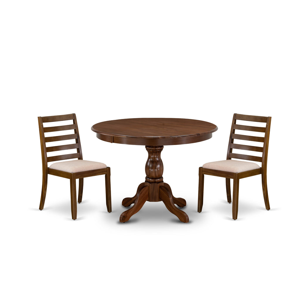 East West Furniture HBX13-AWA-04 3-piece Dining Room Table Set consists of a Round Kitchen Table and 2 Light Tan Linen Fabric stackable Dining Chair, Antique Walnut Finish.