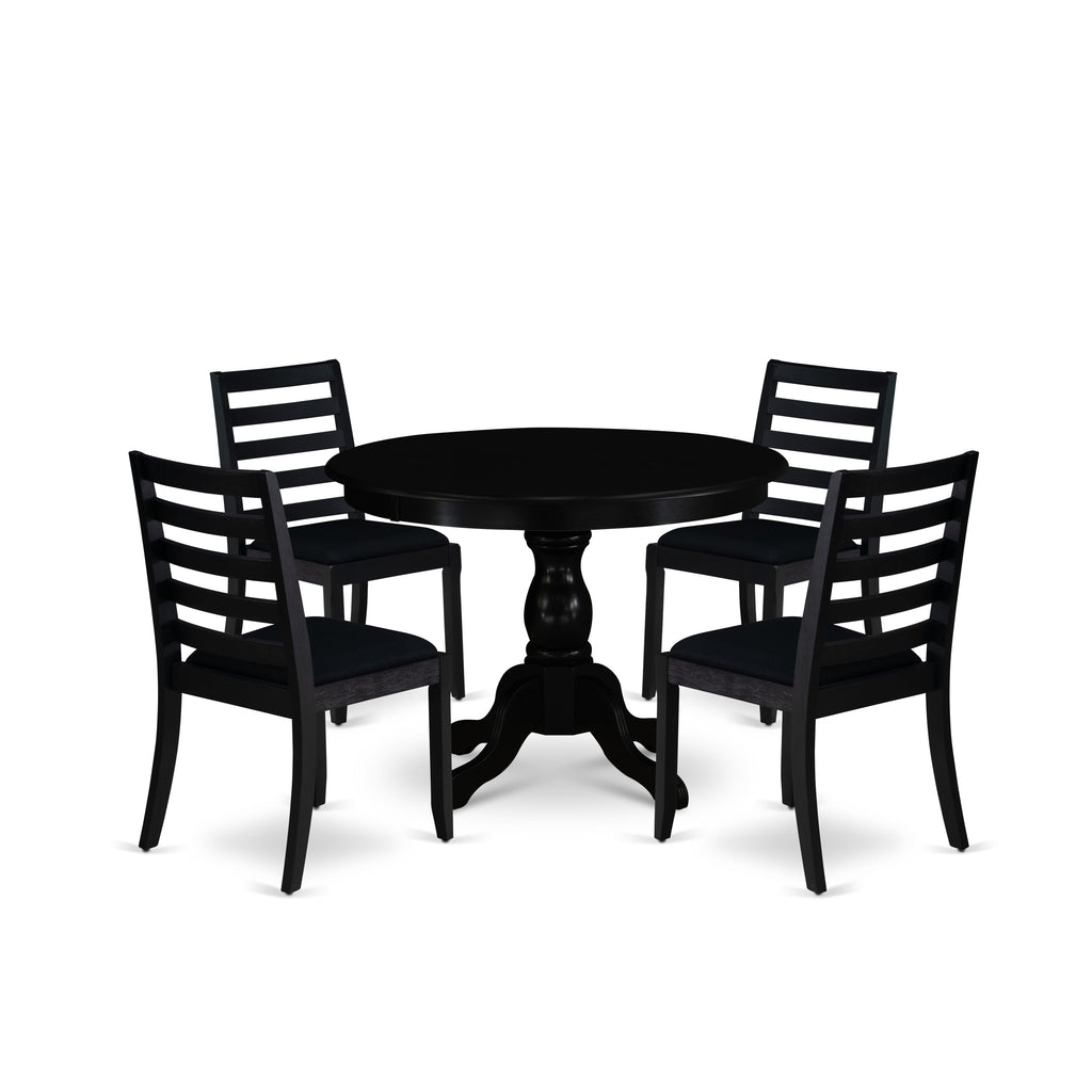 East West Furniture HBX15-ABK-24 -5 Piece Dining Set Includes a Round Kitchen Table with Wire Brushed Black Tabletop & 4 Stackable Linen Fabric Chairs, Wire Brushed Black