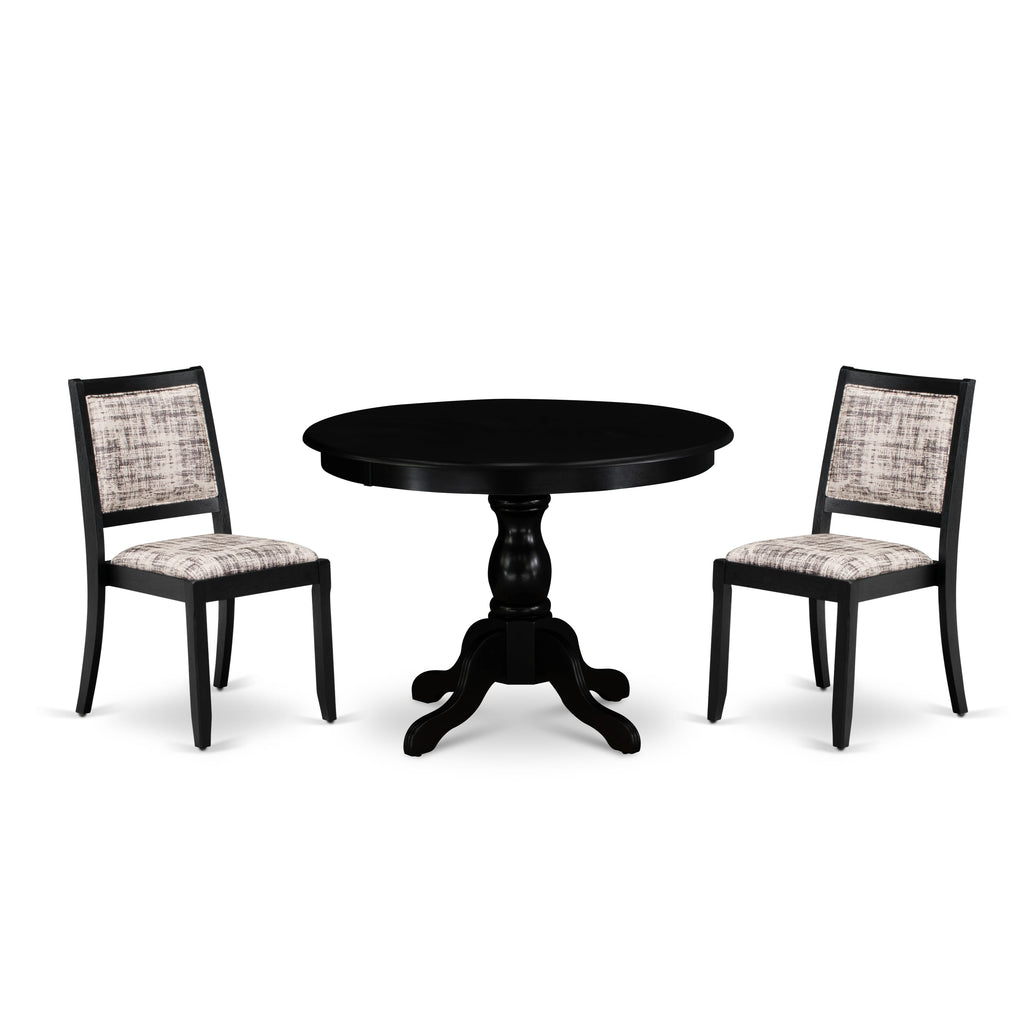 East West Furniture HBX23-ABK-30 -3 Piece Dining Set Includes a Round Kitchen Table with Wire Brushed Black Tabletop & 2 Stackable Faux Leather Chairs, Wire Brushed Black