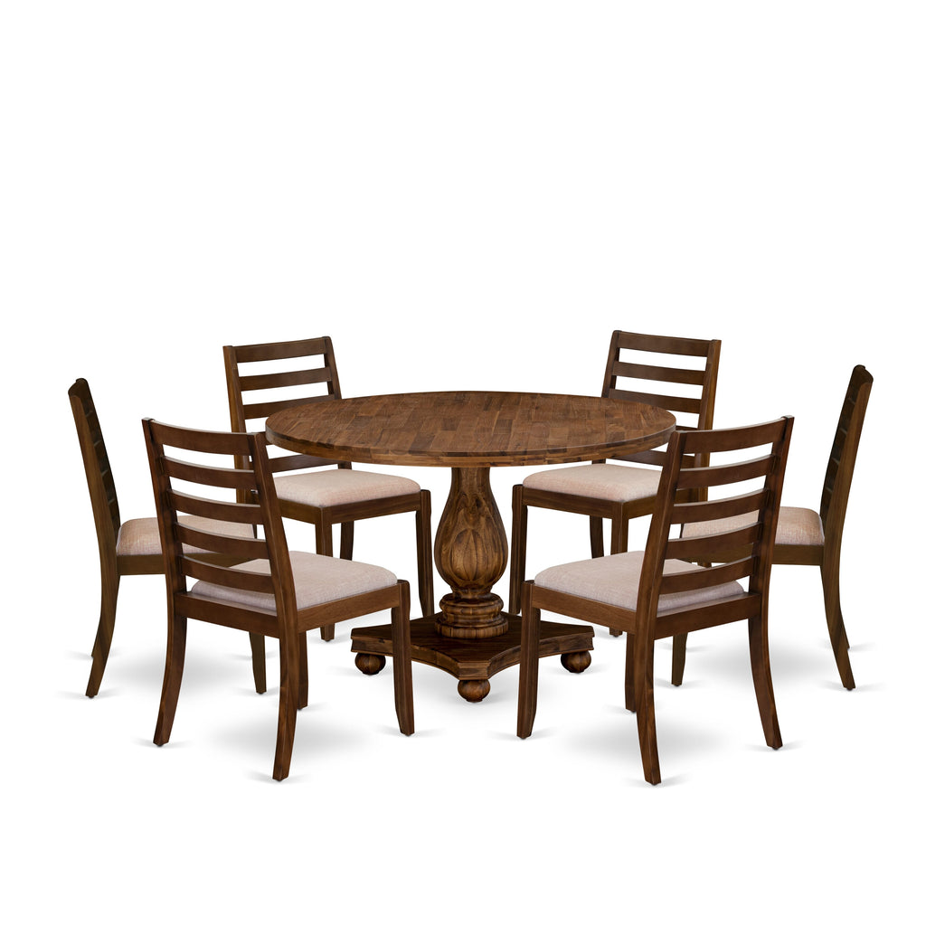 East West Furniture I2X17-0N-04 7-piece Dining Room Table Set consists of a Round Kitchen Table and 6 Light Tan Linen Fabric stackable Dining Chair, Antique Walnut Finish.