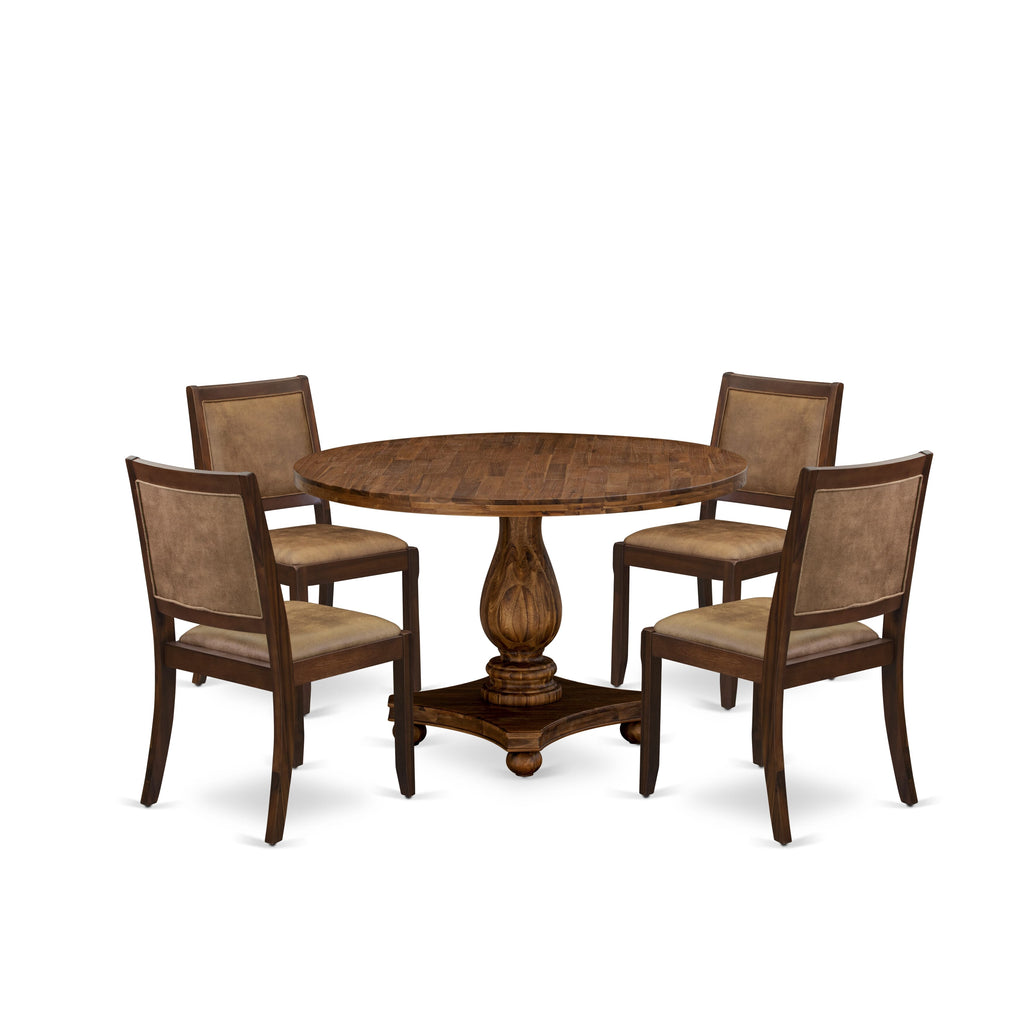 East West Furniture I2X25-0N-28 5-piece Kitchen Table set included a Round Kitchen Table and 4 Brown Texture Faux Leather stackable Dining Chair, Antique Walnut Finish.