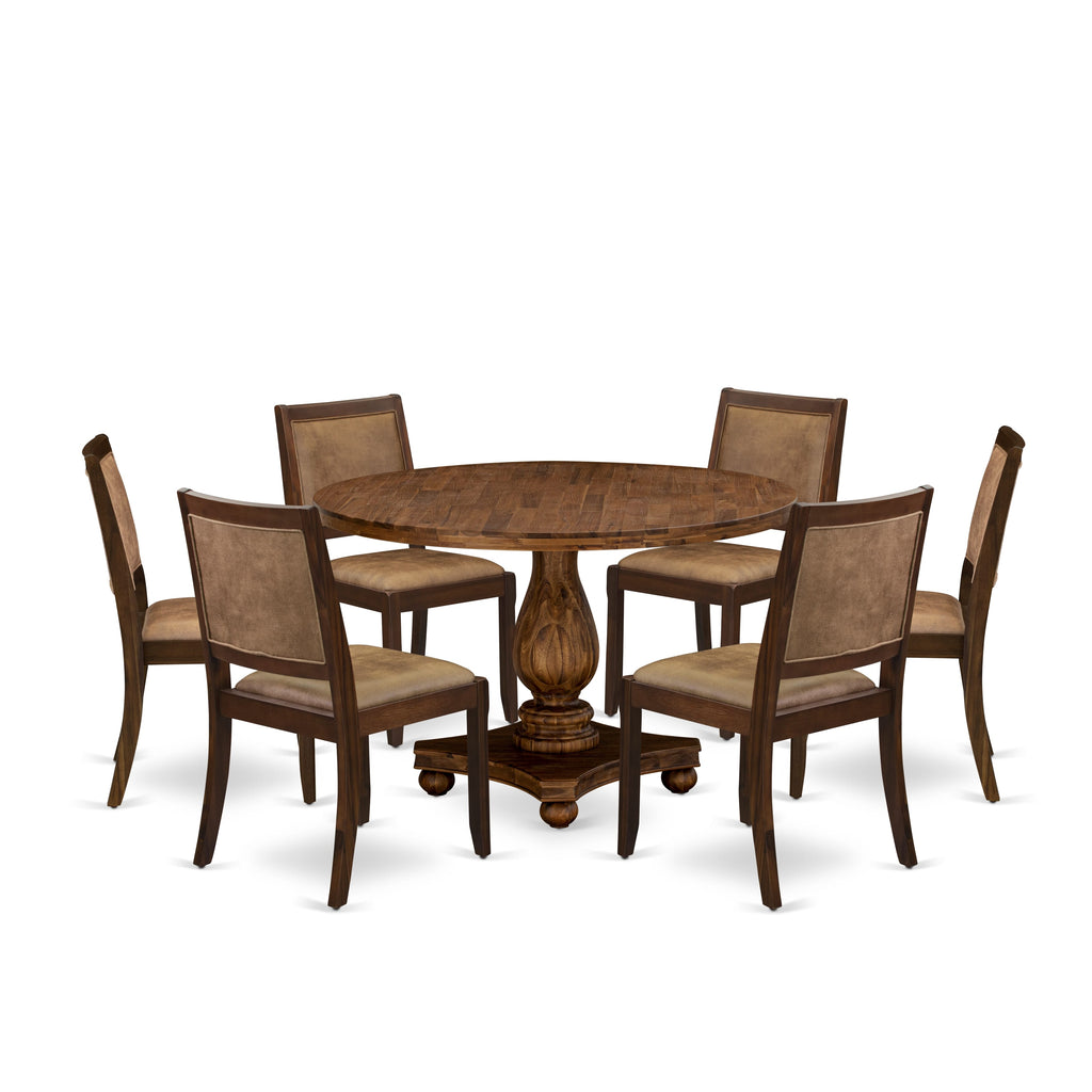 East West Furniture I2X27-0N-28 7-piece Dining Room Table Set consists of a Round Kitchen Table and 6 Brown Texture Faux Leather stackable kitchen Chair, Antique Walnut Finish.