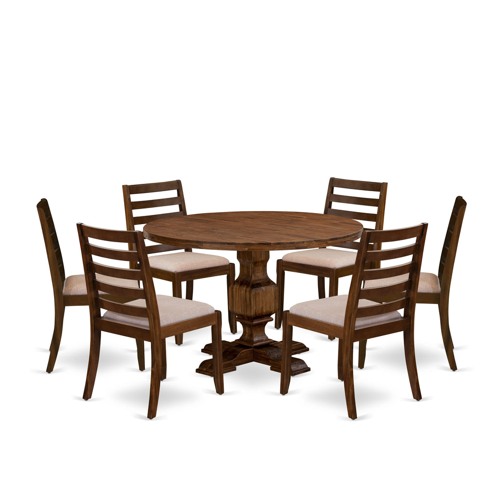 East West Furniture I3X17-0N-04 7-piece Dining Room Table Set included a Round Kitchen Table and 6 Light Tan Linen Fabric stackable Chair, Antique Walnut Finish.