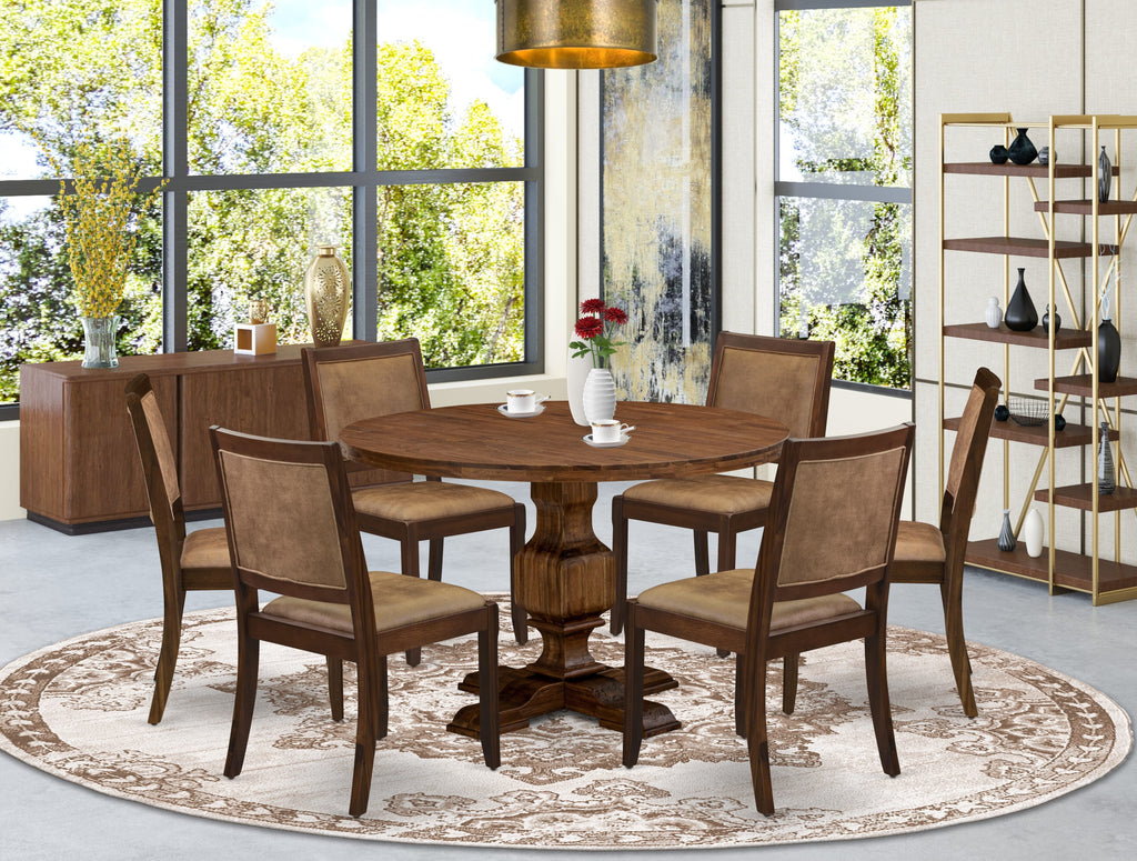 East West Furniture I3X27-0N-28 7-piece Dining Room Table Set consists of a Round Kitchen Table and 6 Light Tan Linen Fabric stackable kitchen Chair, Antique Walnut Finish.