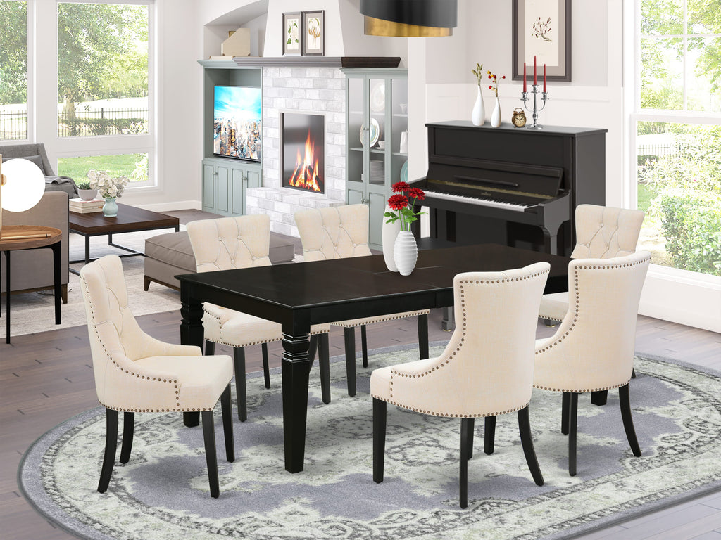 East West Furniture LGFR7-BLK-02 7 Piece Dining Set Consist of a Rectangle Dining Room Table with Butterfly Leaf and 6 Light Beige Linen Fabric Upholstered Chairs, 42x84 Inch, Black