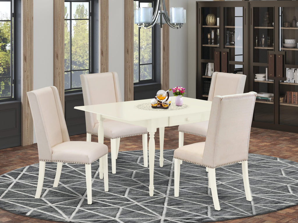 East West Furniture MZFL5-LWH-01 5 Piece Kitchen Table Set for 4 Includes a Rectangle Dining Table with Dropleaf and 4 Cream Linen Fabric Parson Dining Chairs, 36x54 Inch, Linen White