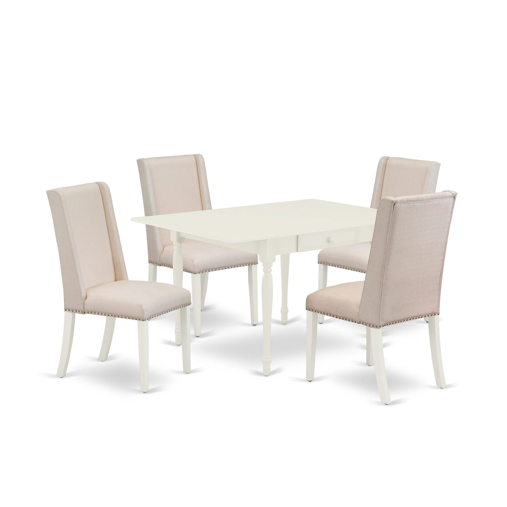 East West Furniture MZFL5-LWH-01 5 Piece Kitchen Table Set for 4 Includes a Rectangle Dining Table with Dropleaf and 4 Cream Linen Fabric Parson Dining Chairs, 36x54 Inch, Linen White