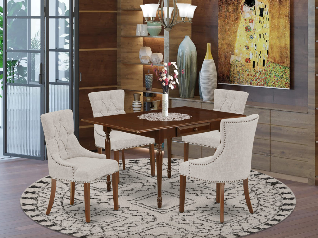 East West Furniture MZFR5-MAH-05 5 Piece Modern Dining Table Set Includes a Rectangle Wooden Table with Dropleaf and 4 Doeskin Linen Fabric Parson Dining Chairs, 36x54 Inch, Mahogany