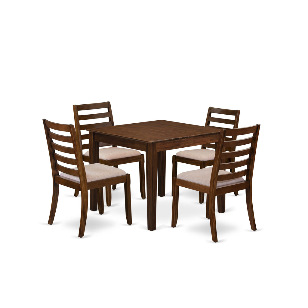 East West Furniture OXX15-AWA-04 5-piece Kitchen Table set included a square Kitchen Table and 4 Light Tan Linen Fabric stackable Chair, Antique Walnut Finish.