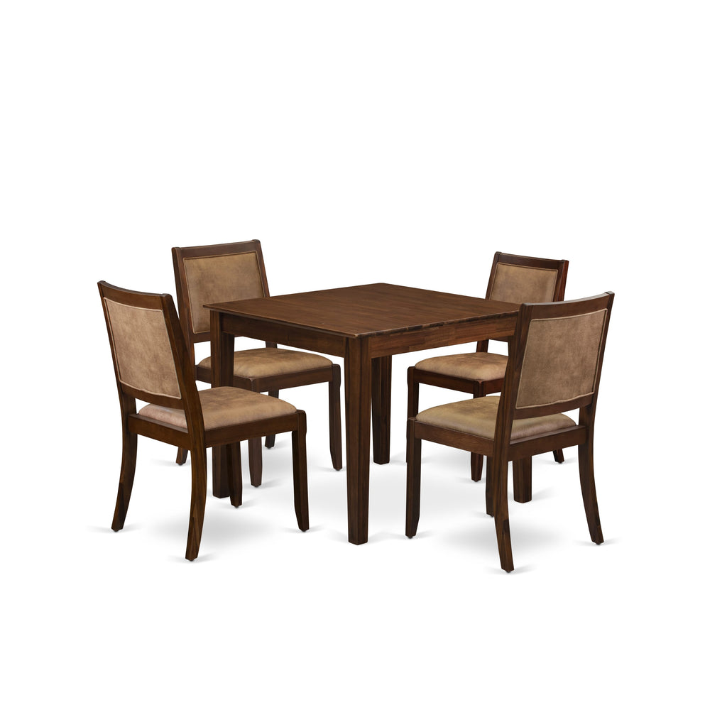 East West Furniture OXX25-AWA-28 5-piece Kitchen Table set consists of a square Kitchen Table and 4 Brown Texture Faux leather stackable Chair, Antique Walnut Finish.