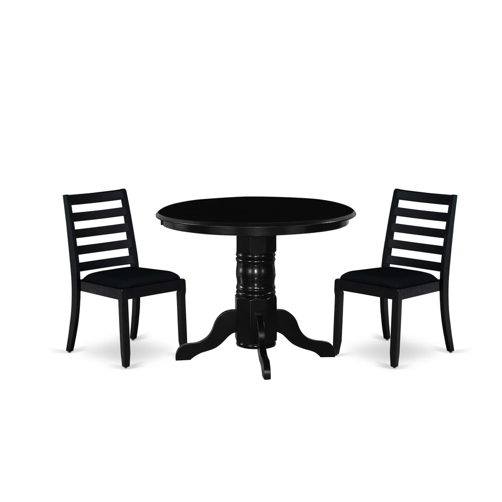 East West Furniture SHX13-BLK-24 -3 Piece Dining Set Includes a Round Kitchen Table with Black Tabletop & 2 Stackable Linen Fabric Chairs, Black