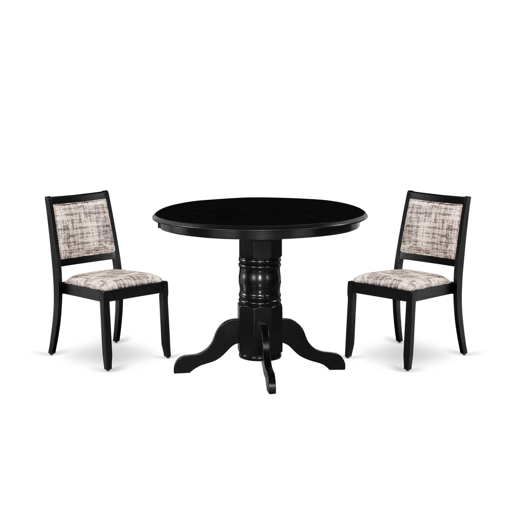 East West Furniture SHX23-BLK-30 -3 Piece Dining Set Includes a Round Kitchen Table with Black Tabletop & 2 Stackable Faux Leather Chairs, Black