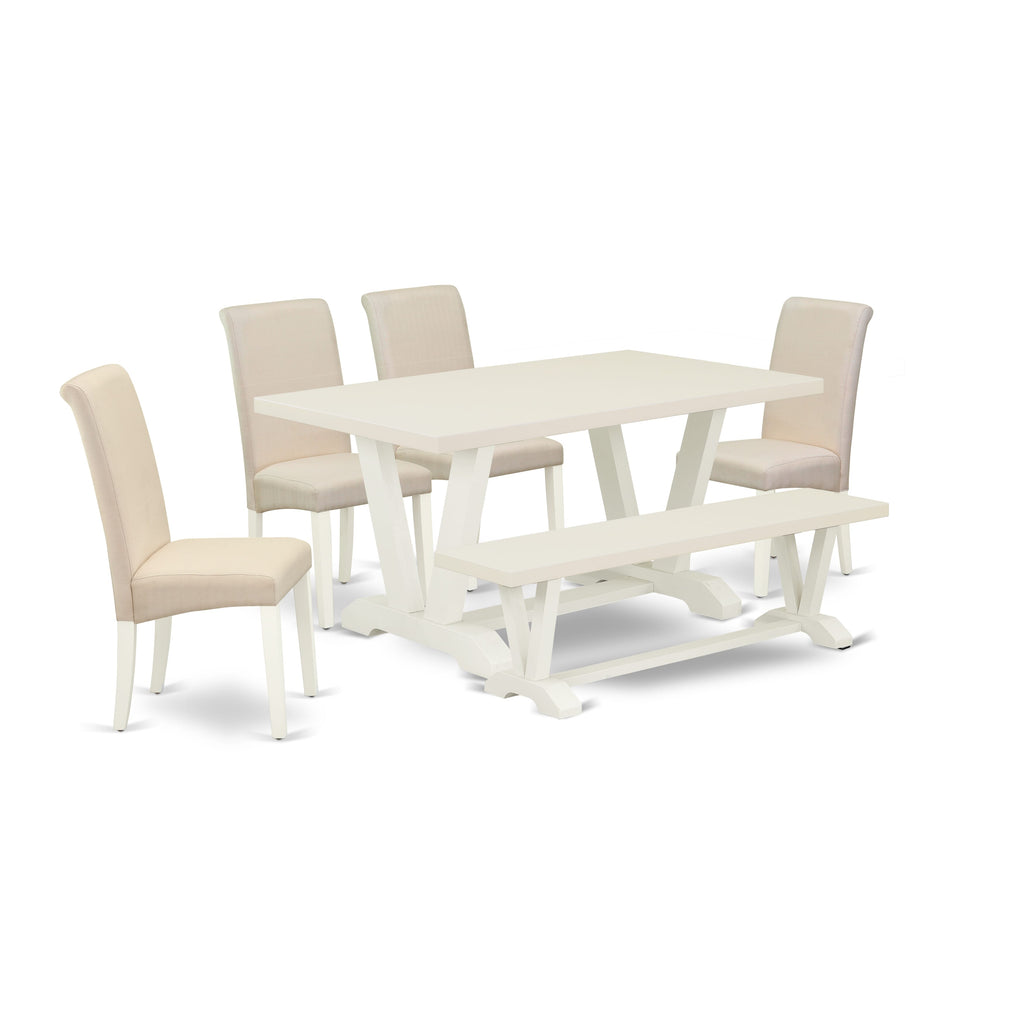 East West Furniture 6-Piece Dinette Table Set-Luxurious cream linen fabric Seat and High Stylish Chair Back Parson chairs