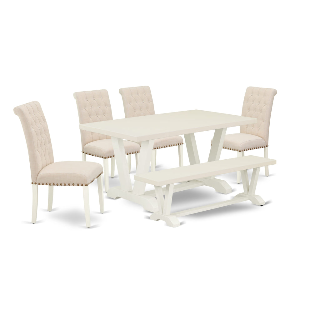 East West Furniture 6-Pc Wooden Dining Table Set-Light Beige Linen Fabric Seat and Button Tufted Chair Back Dining chairs