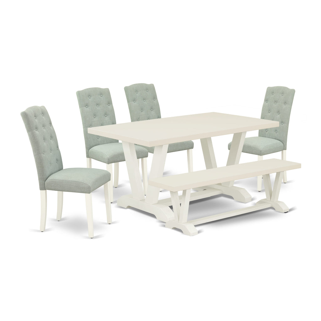 East West Furniture 6-Pc Dining Room Set- 4 Padded Parson Chairs with Baby Blue Linen Fabric Seat and Button Tufted Chair Back - Rectangular Top & Wooden Legs Dining Room Table and Kitchen Bench - Linen White Finish