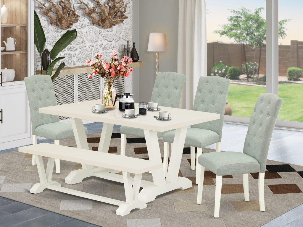 East West Furniture 6-Pc Dining Room Set- 4 Padded Parson Chairs with Baby Blue Linen Fabric Seat and Button Tufted Chair Back - Rectangular Top & Wooden Legs Dining Room Table and Kitchen Bench - Linen White Finish