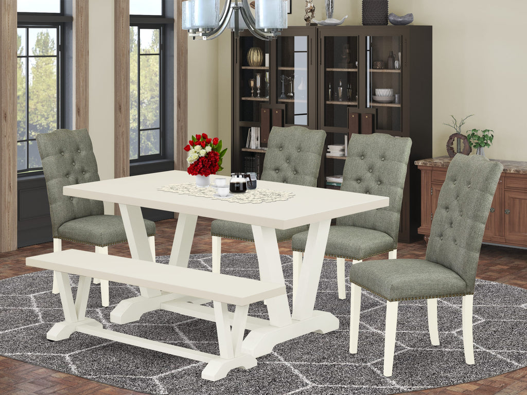 East West Furniture 6-Pc Dinette Table Set-Smoke Color Linen Fabric Seat and Button Tufted Chair Back Parson Dining chairs