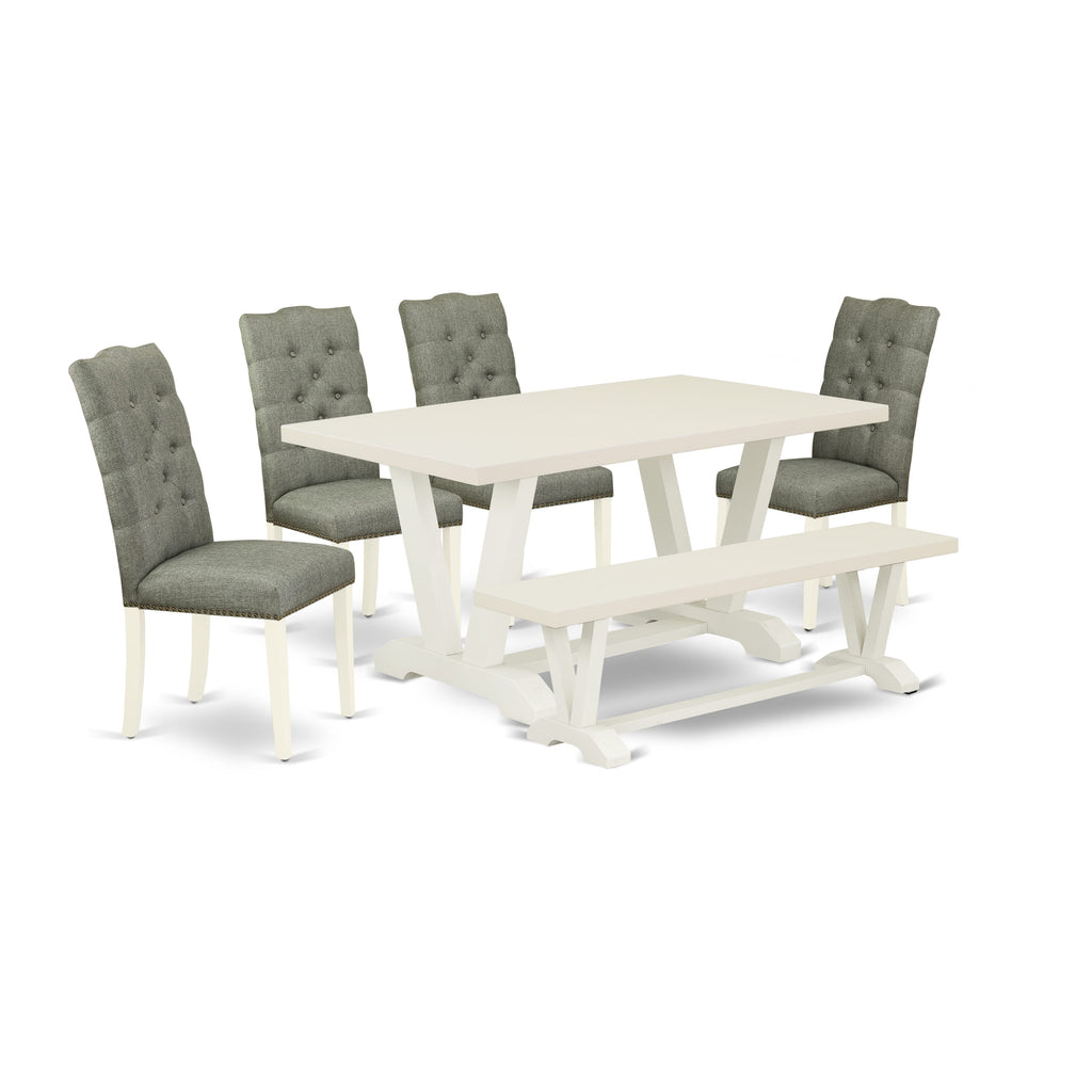 East West Furniture 6-Pc Dinette Table Set-Smoke Color Linen Fabric Seat and Button Tufted Chair Back Parson Dining chairs