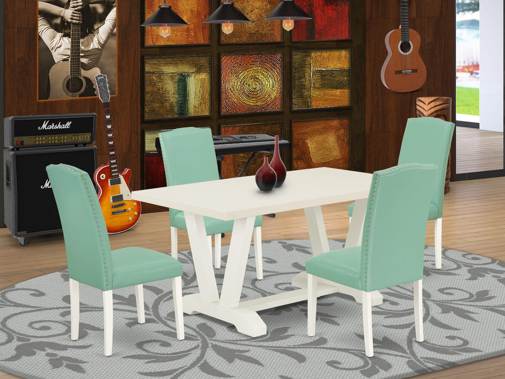 East West Furniture V026EN257-5 5 Piece Dining Room Furniture Set Includes a Rectangle Dining Table with V-Legs and 4 Pond Faux Leather Parsons Chairs