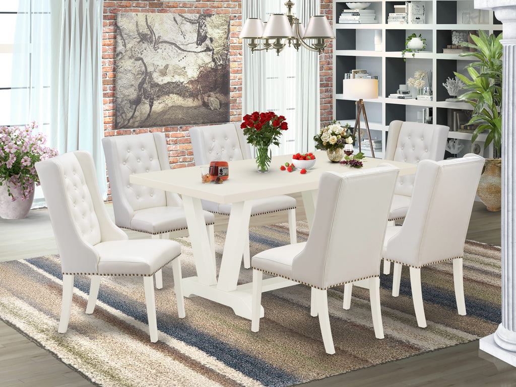 East West Furniture V026FO244-7 7 Piece Dinette Set Consist of a Rectangle Dining Room Table with V-Legs and 6 Light grey Faux Leather Parson Dining Chairs